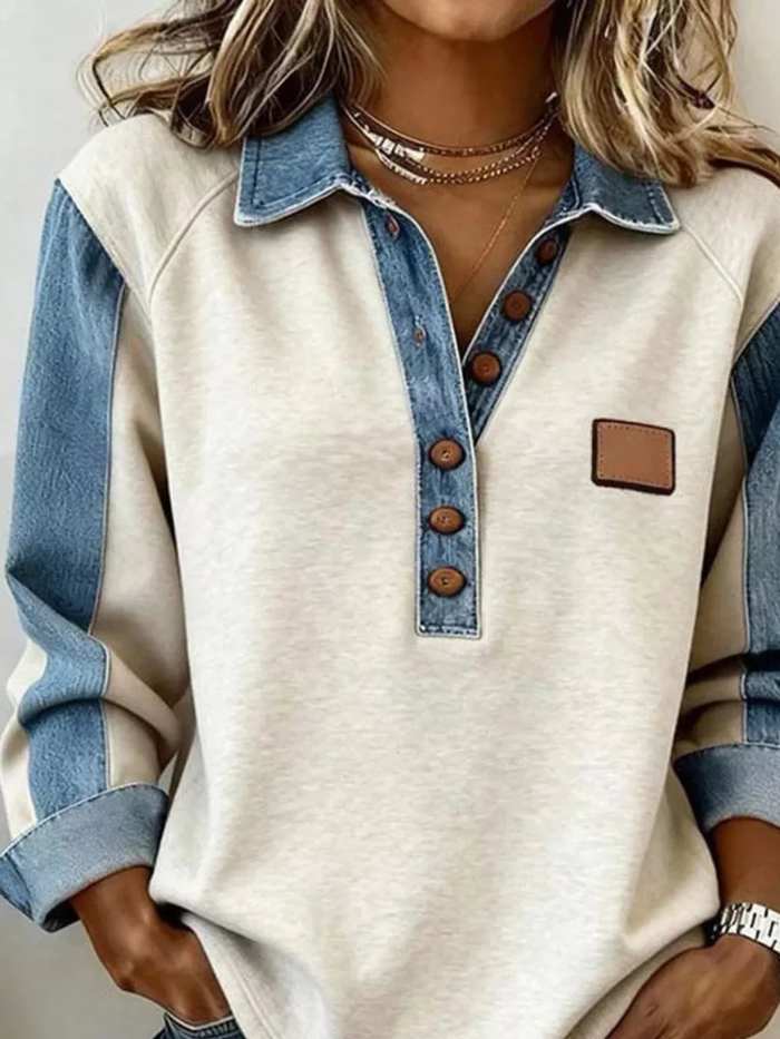 Denim Trim Button Detail Sweatshirt