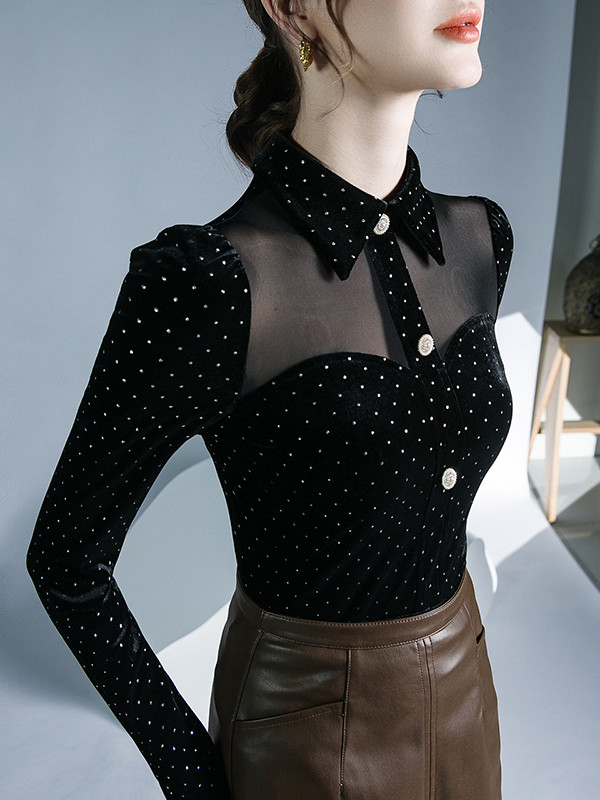 Split-Joint Polka Dot Buttoned Skinny Long Sleeves Lapel T-Shirts Tops