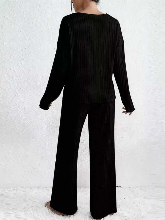 Ribbed Knit V-Neck Top and Pants Set
