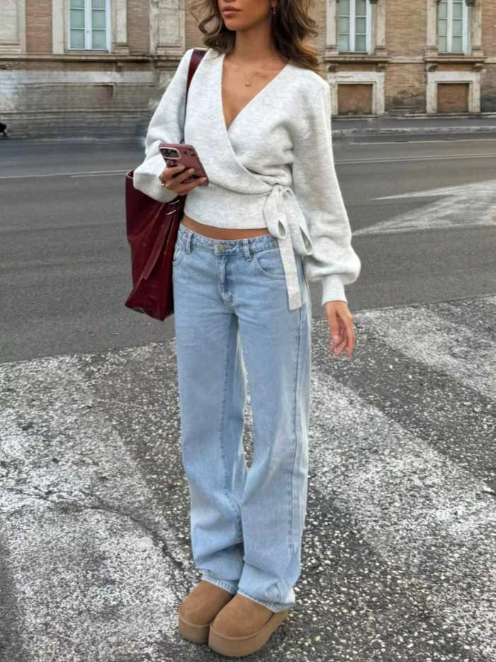 Tie Waist Surplice Sweater