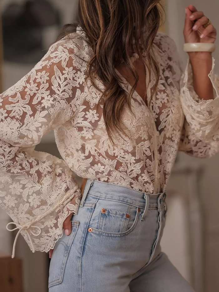 Lace Button Up Long Sleeve Shirt