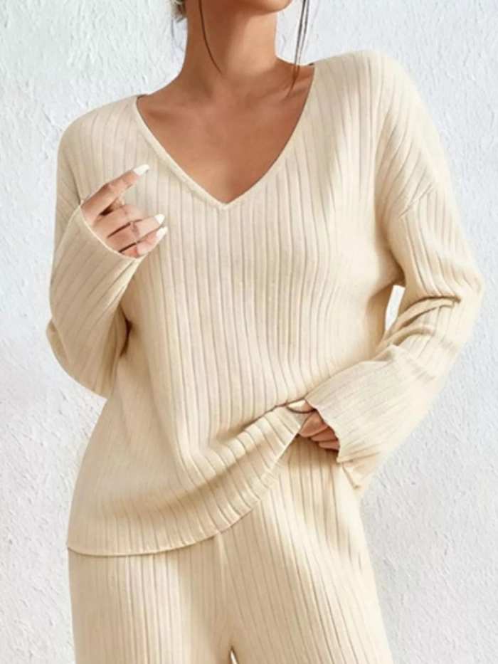 Ribbed Knit V-Neck Top and Pants Set