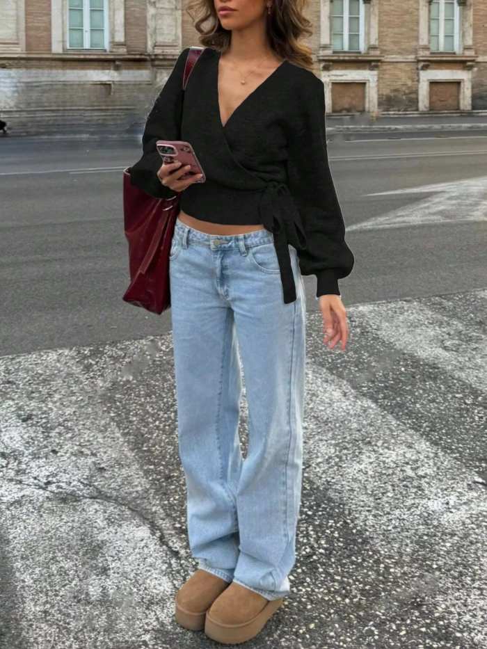 Tie Waist Surplice Sweater