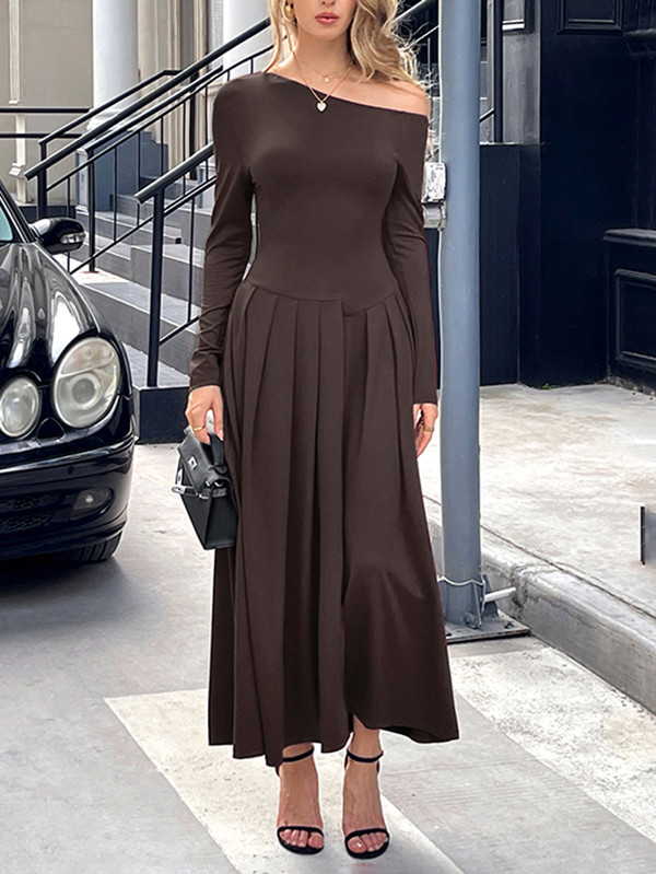 Split-Front Solid Color Pleated Long Sleeves High Waisted One-Shoulder Maxi Dresses
