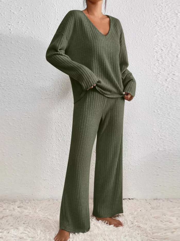 Ribbed Knit V-Neck Top and Pants Set