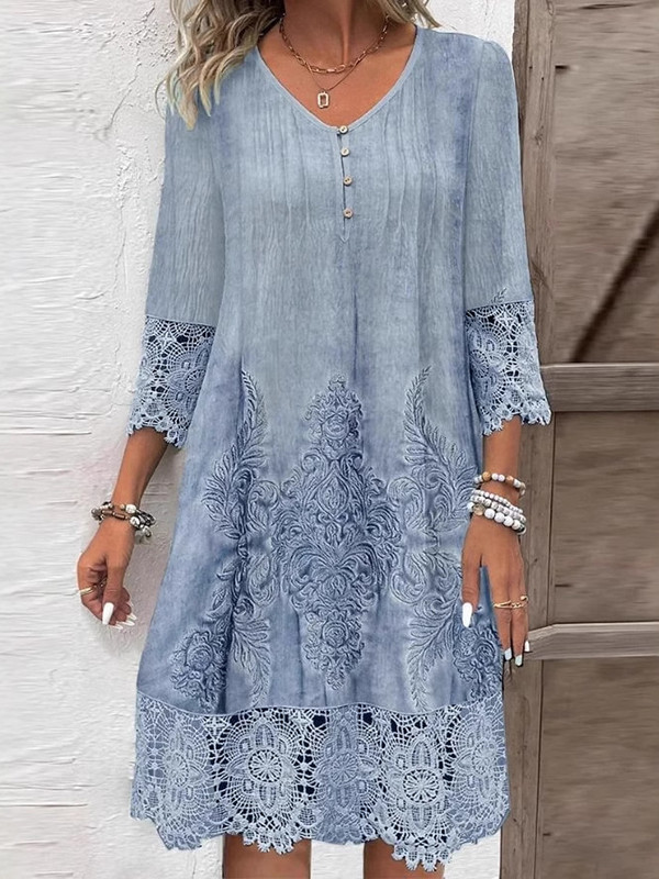 Split-Joint Contrast Color Buttoned Flower-Embellished Plus Size Petal Sleeves V-Neck Midi Dresses