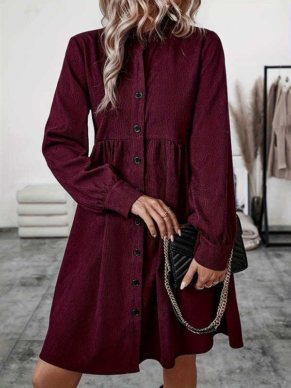 Split-Joint Solid Color Pleated Buttoned Belted Puff Sleeves Long Sleeves Stand Collar Shirt Dress Midi Dresses