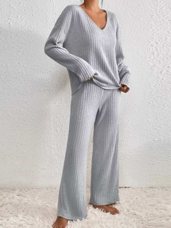 Ribbed Knit V-Neck Top and Pants Set