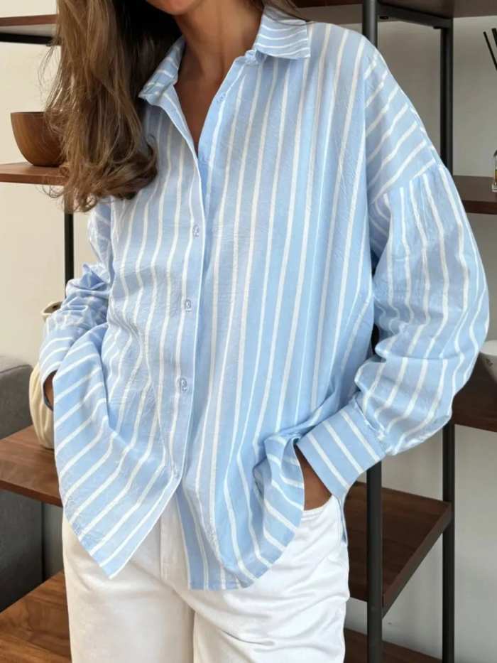 Button Down Striped Collared Neck Long Sleeve Shirt