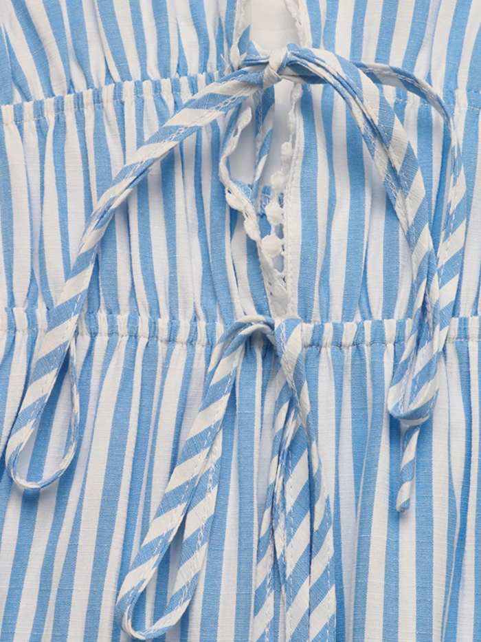 Striped Pom-Pom Trim Tie Front Sleeveless Mini Dress