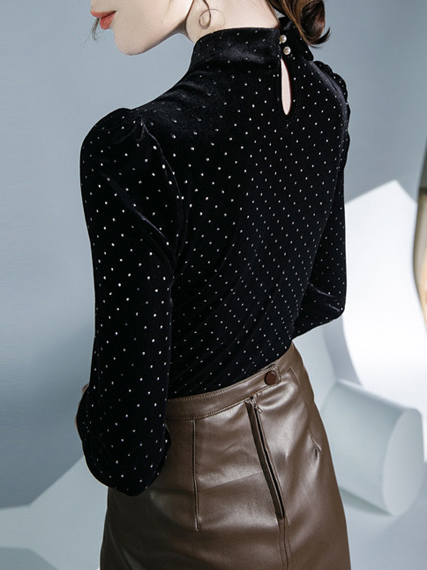 Split-Joint Polka Dot Buttoned Skinny Long Sleeves Lapel T-Shirts Tops