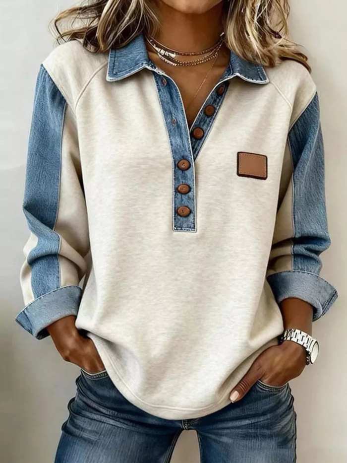 Denim Trim Button Detail Sweatshirt
