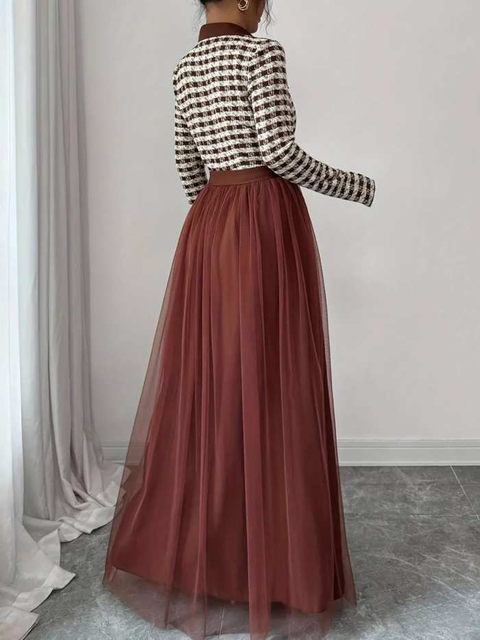 Plaid Long Sleeve Tulle Maxi Dress