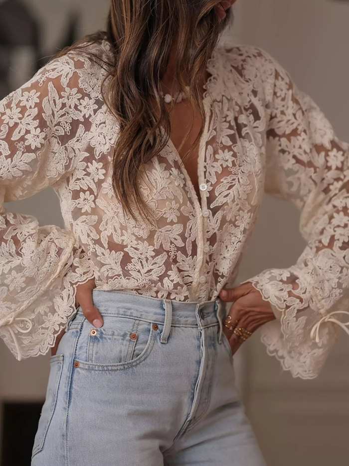 Lace Button Up Long Sleeve Shirt