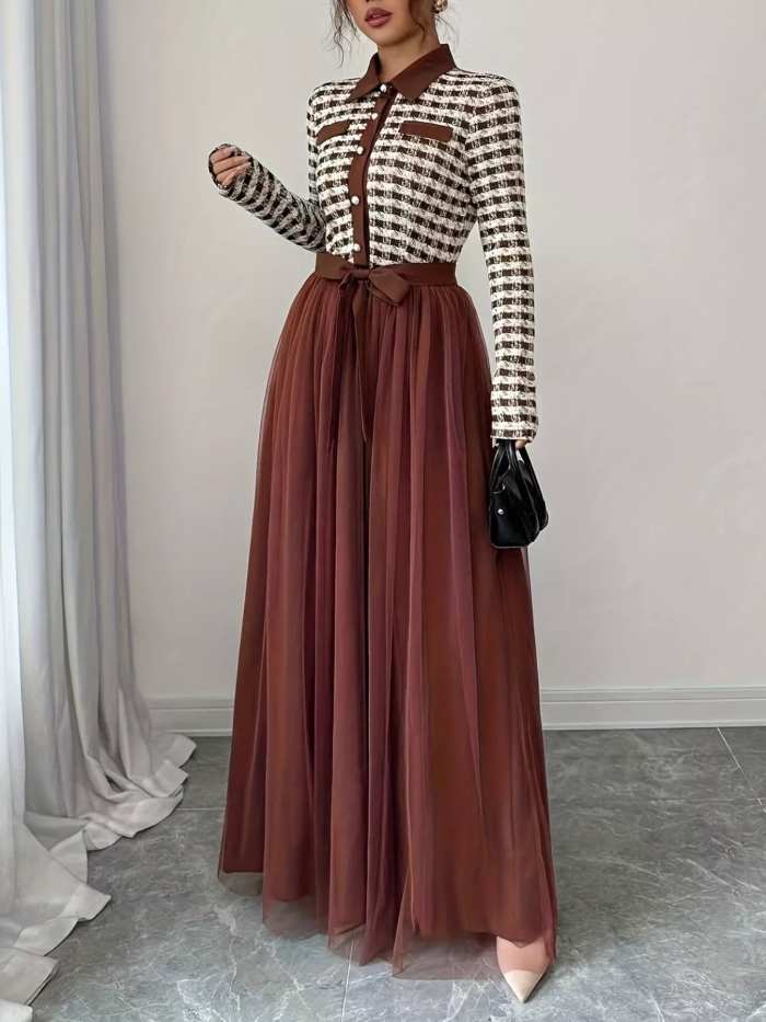 Plaid Long Sleeve Tulle Maxi Dress