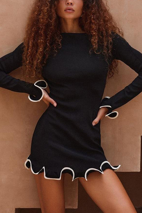 Fashionable Rolled Hem Round Neck Long Sleeve Slim Fit Mini Dress