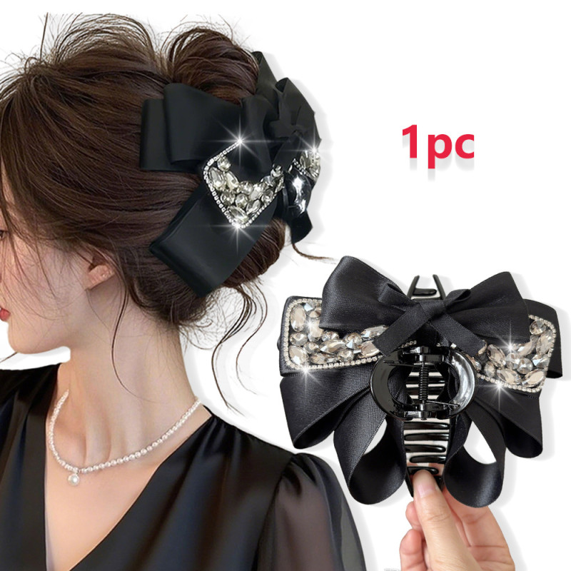 Black Woven Multi-Layer Bow Hair Clip • Luxurious Shiny Rhinestone Bow Hairpin for Women • Large Shark Clip • Suitable for Everyday And Festive Occasions
