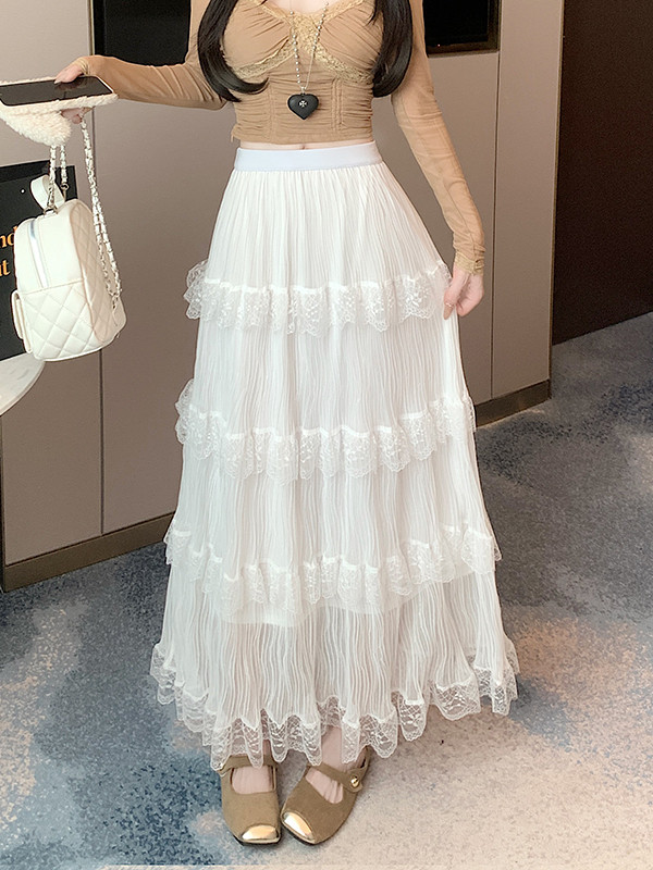 ✨High Waist Lace Pleated A-Line Umbrella Midi Skirt✨