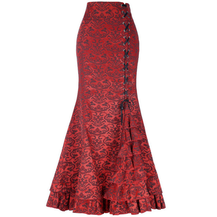 ✨Jacquard Weave Lace Up Ruffled Fishtail Maxi Skirt✨