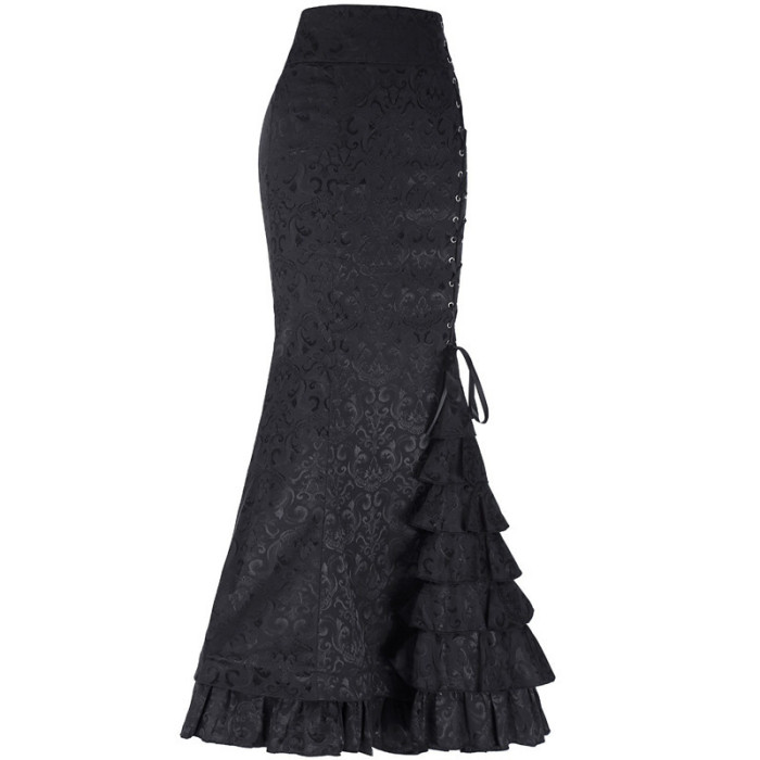✨Jacquard Weave Lace Up Ruffled Fishtail Maxi Skirt✨