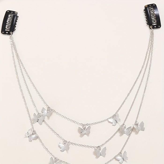 ✨Vintage Punk Butterfly Layered Hair Chain with Black BB Clips✨