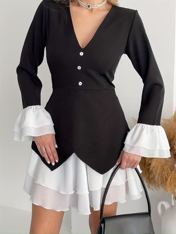 ✨Patchwork Design Elegant Long Sleeve Dress✨