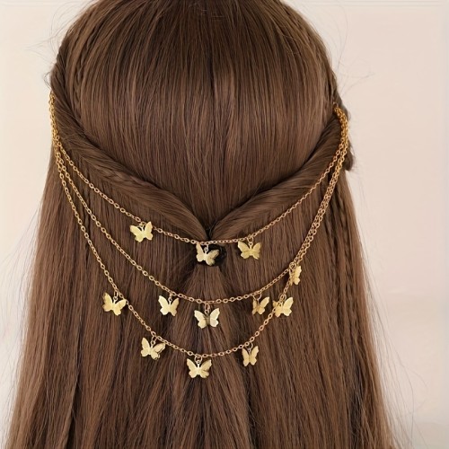 ✨Vintage Punk Butterfly Layered Hair Chain with Black BB Clips✨