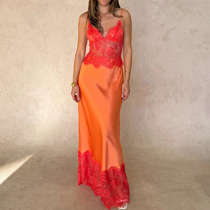 ✨Sexy Lace Splicing Solid Color Satin Suspender Gown✨