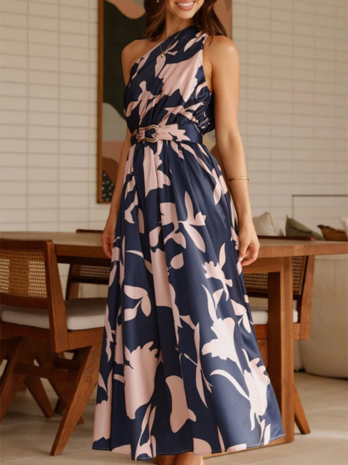 ✨Summer Casual Slant Shoulder Draped Pattern Print Long Dress✨