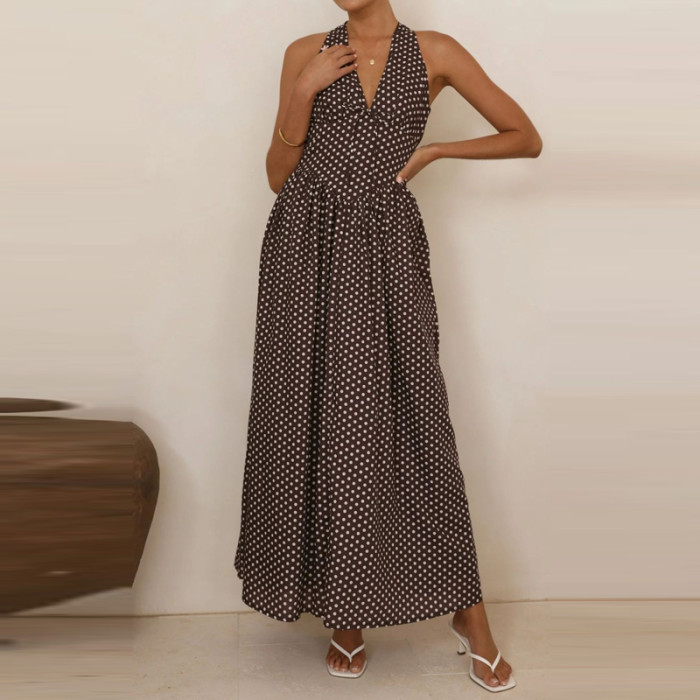 ✨Women Sexy Deep V-Neck Polka Dot Backless Long Dress✨