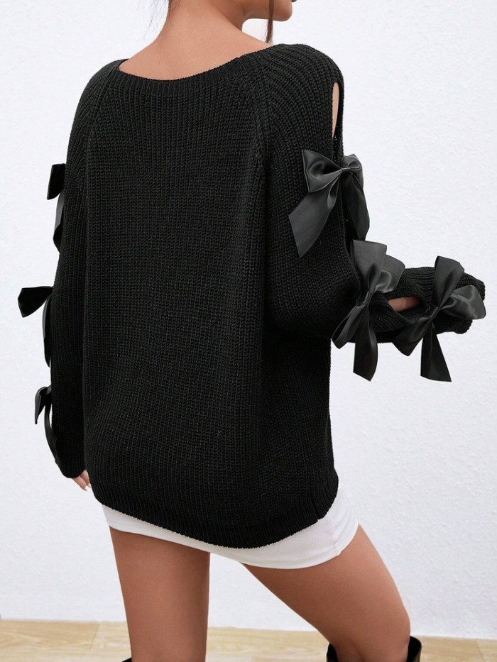 ✨Fashionable Bow Hollowed Raglan Sleeve Knit Sweater✨