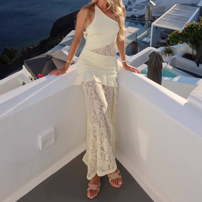✨Elegant Slash Neck Lace Splicing Draped Bodycon Long Dress✨