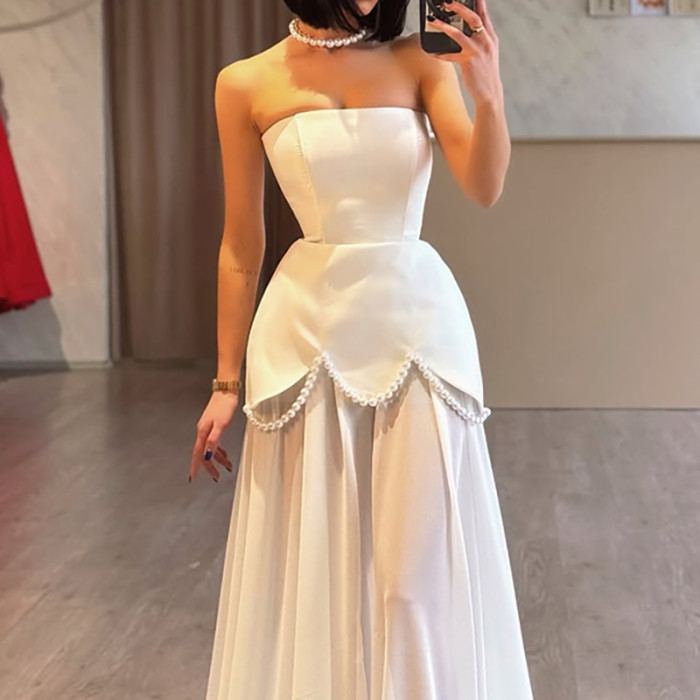 ✨Lady Sexy Strapless Floral Hem Pearl Chain Wedding Gown✨