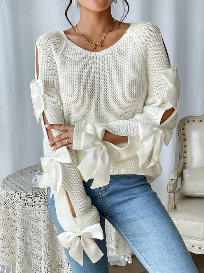 ✨Fashionable Bow Hollowed Raglan Sleeve Knit Sweater✨
