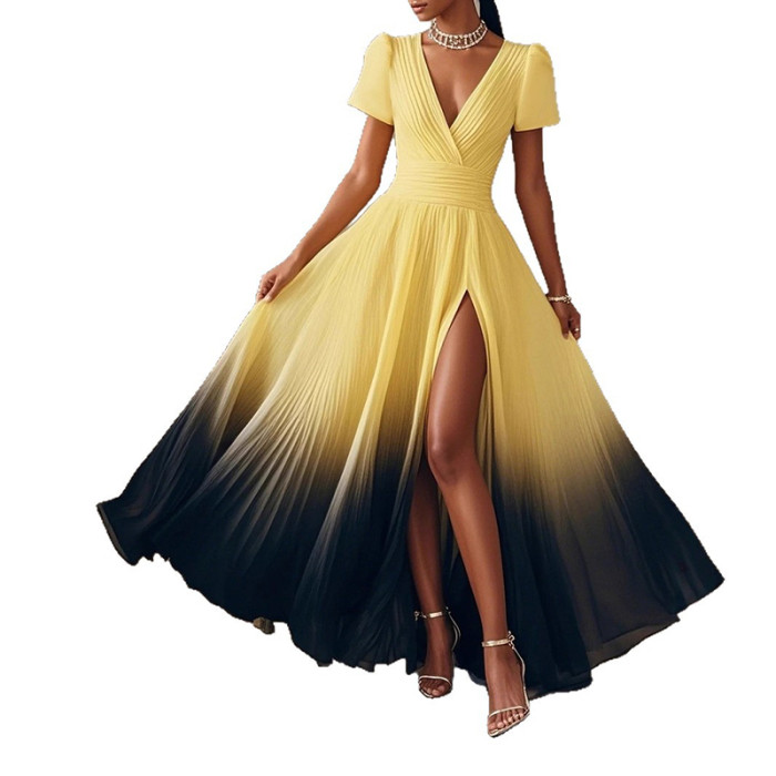 ✨Elegant V-Neck Gradient Print High Waist Maxi Dress✨