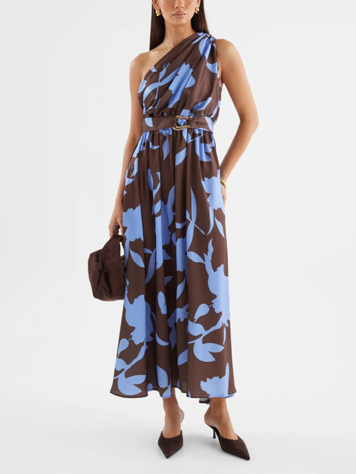 ✨Summer Casual Slant Shoulder Draped Pattern Print Long Dress✨