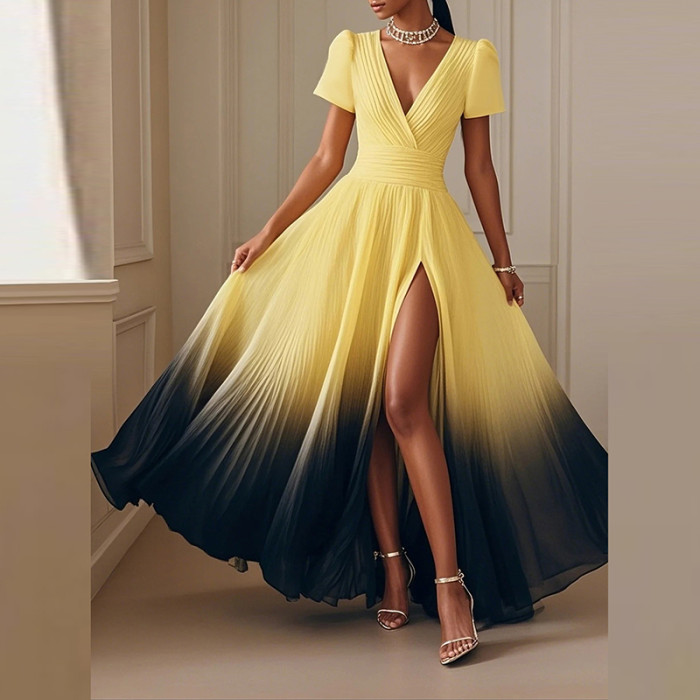 ✨Elegant V-Neck Gradient Print High Waist Maxi Dress✨