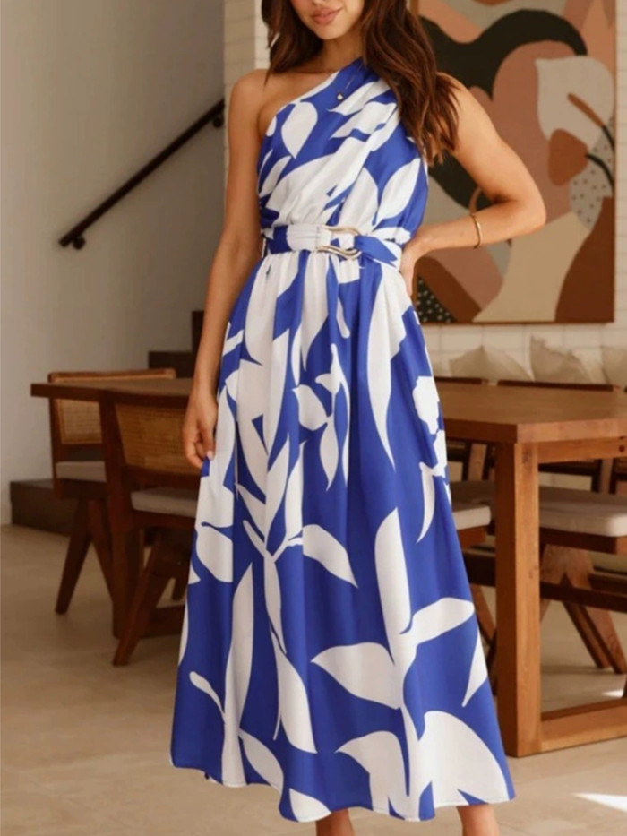 ✨Summer Casual Slant Shoulder Draped Pattern Print Long Dress✨