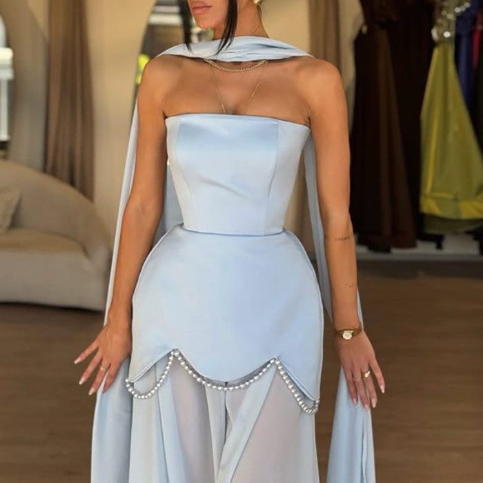 ✨Lady Sexy Strapless Floral Hem Pearl Chain Wedding Gown✨