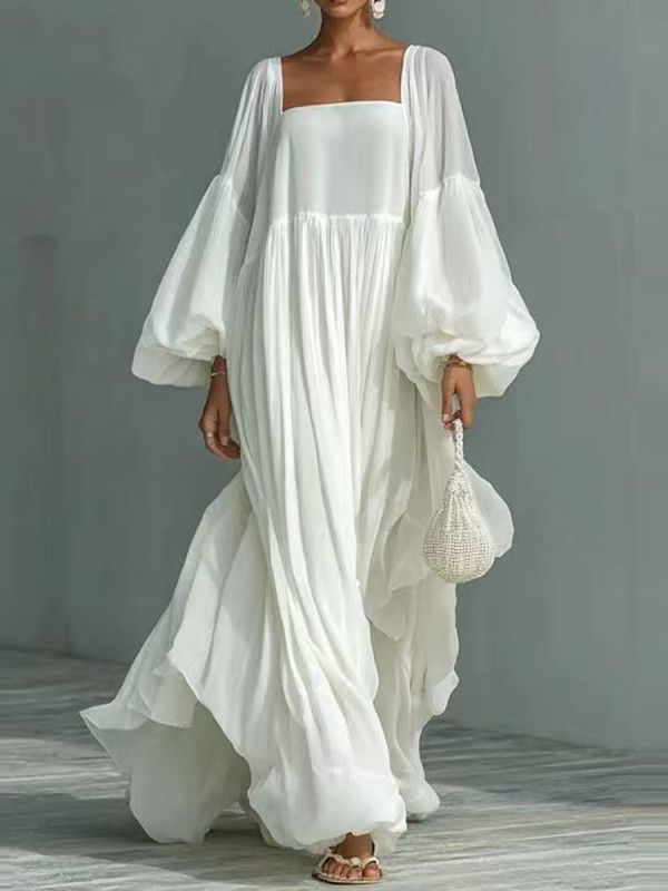✨Fashion Square Collar Puffed Sleeve Robe Long Dress✨