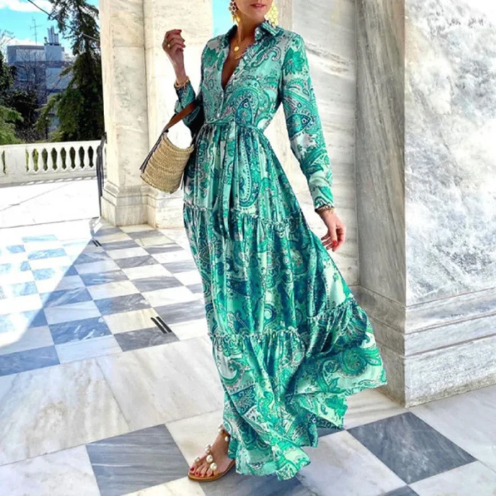 ✨Summer Boho Floral Print Shirt Maxi Beach Dress✨