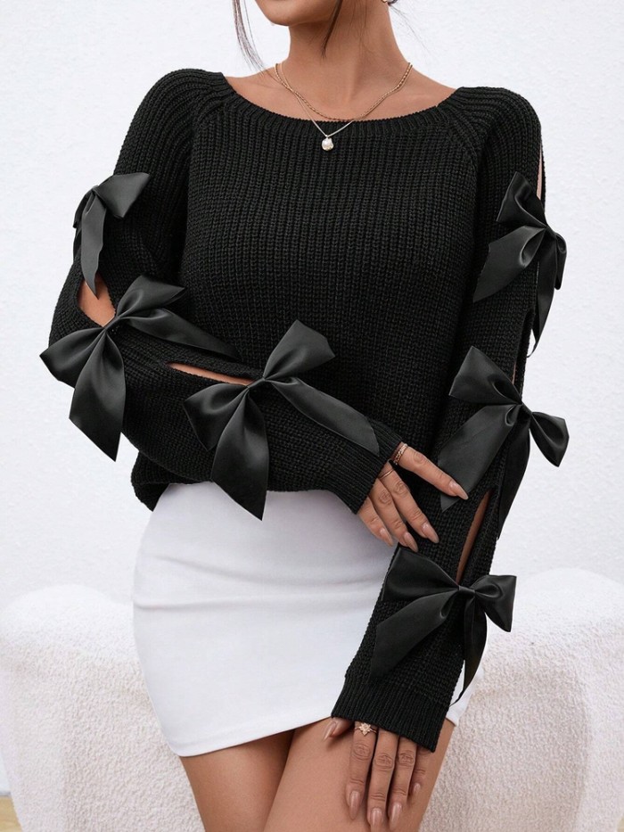 ✨Fashionable Bow Hollowed Raglan Sleeve Knit Sweater✨