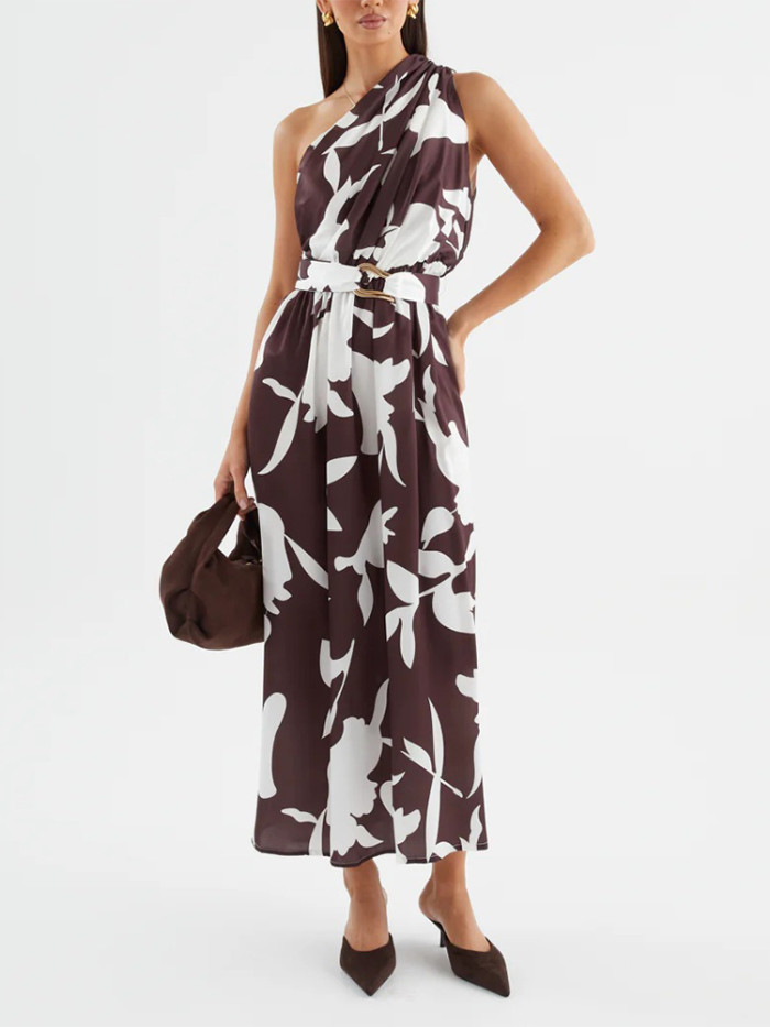 ✨Summer Casual Slant Shoulder Draped Pattern Print Long Dress✨