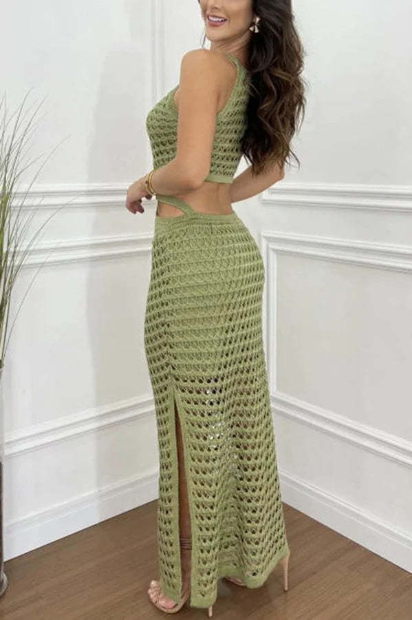 Stunning Gaze Knit Texture Ring Side Waist Cutout Stretch Maxi Dress（Note: top without lined, you can bring your own bra）