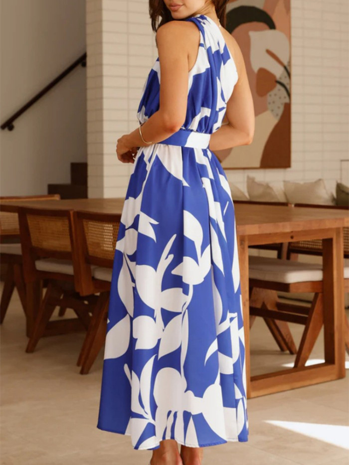✨Summer Casual Slant Shoulder Draped Pattern Print Long Dress✨