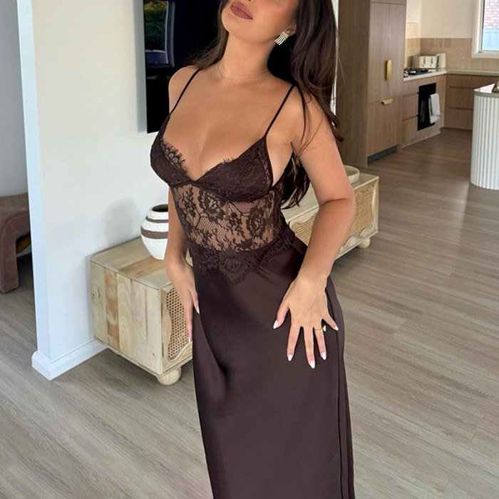 ✨Sexy Lace Splicing Solid Color Satin Suspender Gown✨
