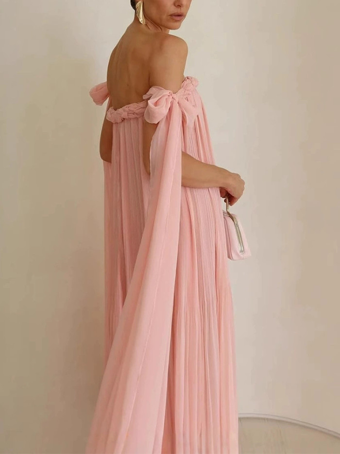 ✨Women Sexy Off Shoulder Ribbon Chiffon Pleated Maxi Dress✨
