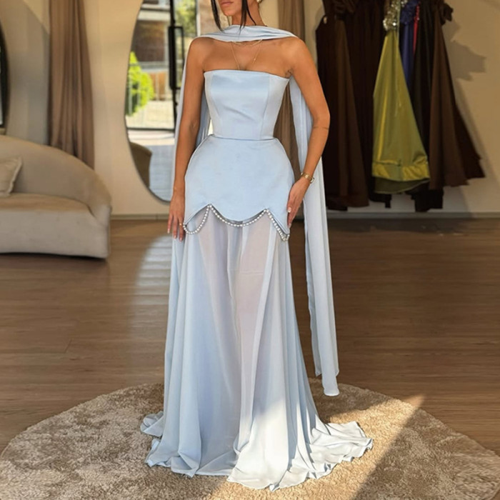 ✨Lady Sexy Strapless Floral Hem Pearl Chain Wedding Gown✨