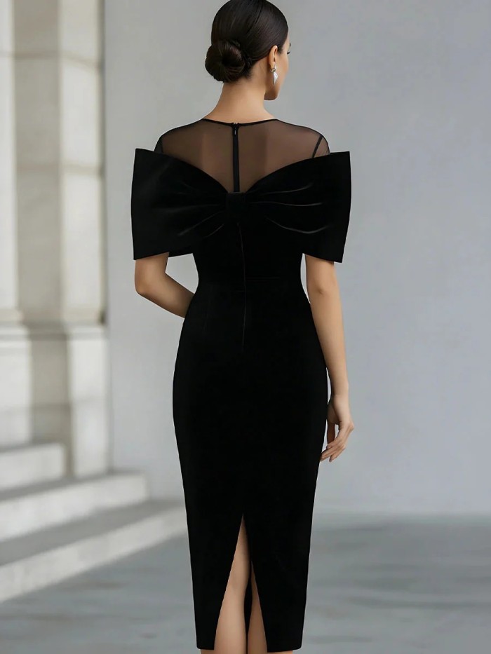 ✨Women Elegant Mesh Splicing Cape Sleeve Slim Velvet Party Dress✨