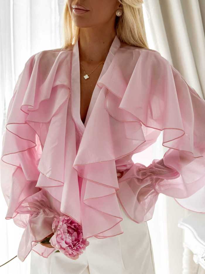 ✨Women Elegant Commute Chiffon Ruffle V-neck Blouse✨